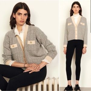 Sandro Jane Cable Knit Cropped Cardigan/Coatigan, Grey and Tan, Size Small/2-4